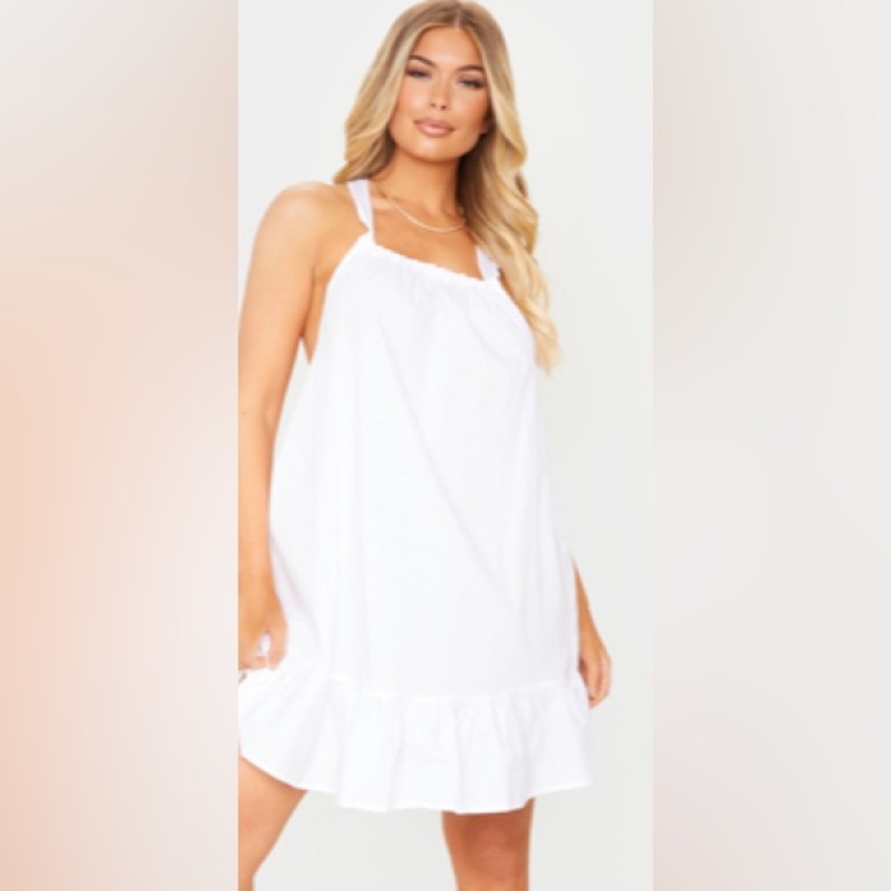 White poplin frill hem cross back dress size US 0 NWT